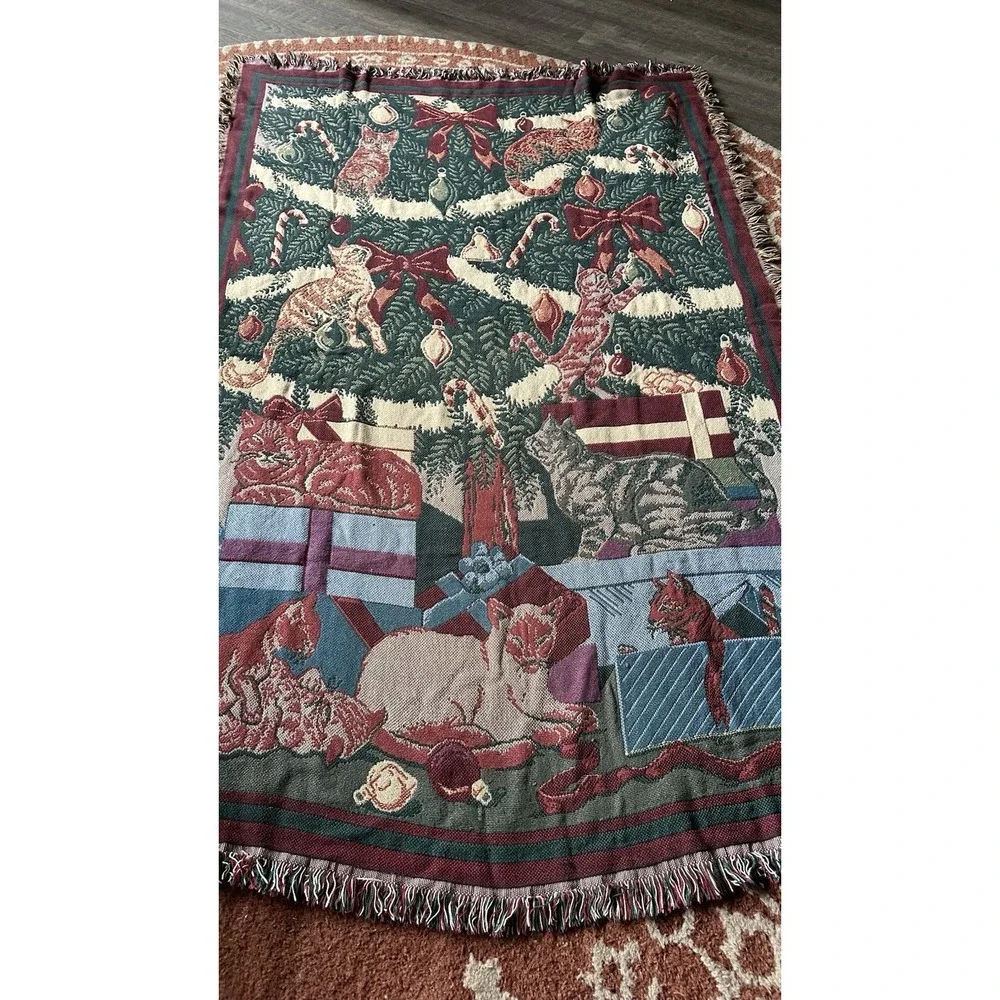 GOODWIN WEAVERS BLANKET TAPESTRY THROW CATS IN CHRISTMAS TREE VINTAGE‎ 68x50